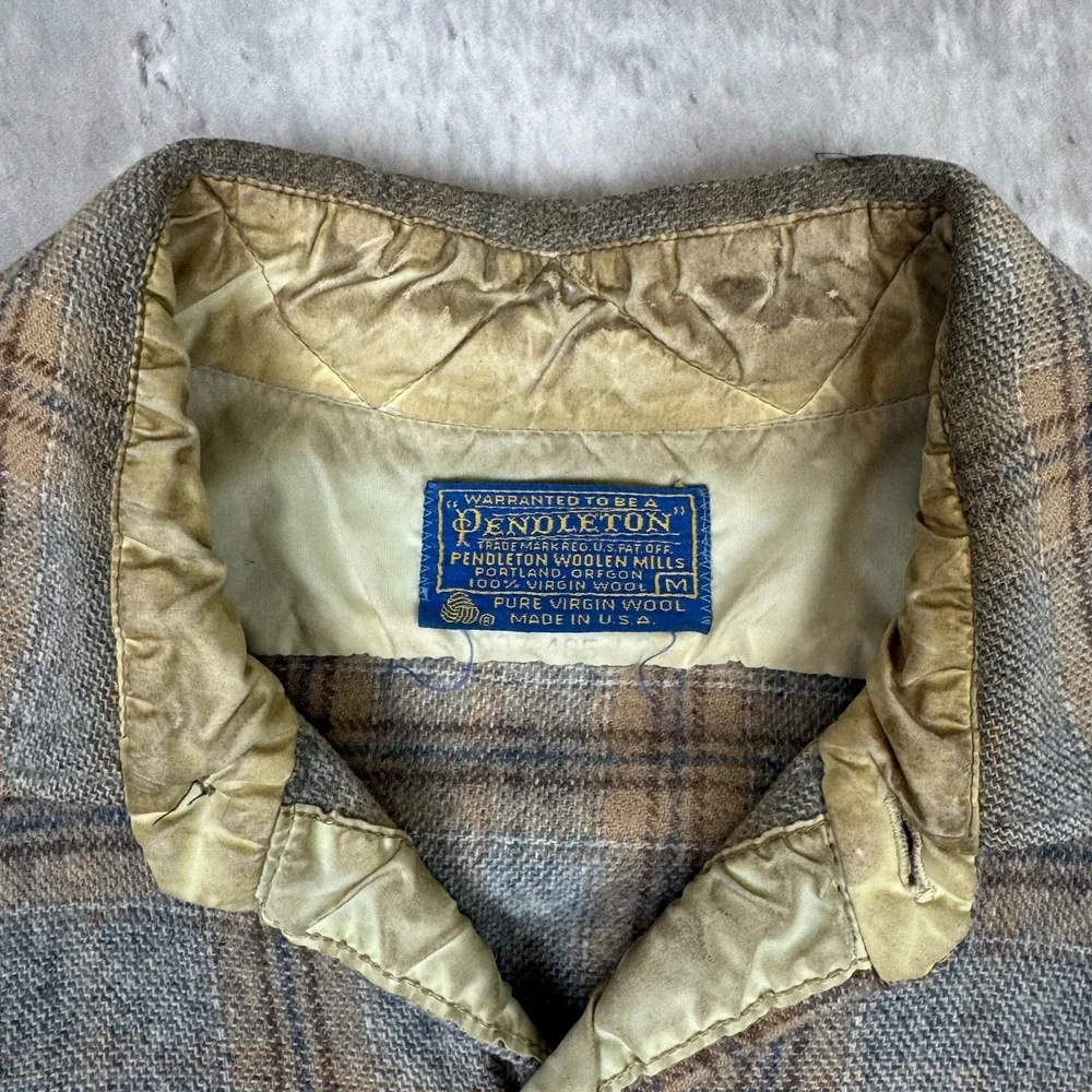 Vintage Pendleton Lodge Shirt Mens Medium Grey Brown Plaid Wool 60s 70s USA Made